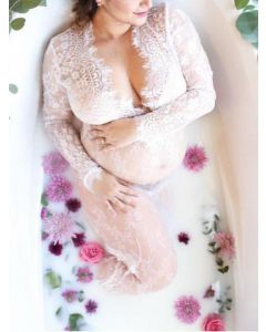 Maxi vestido encaje embarazada sesión de fotos con cuello en V moda maternidad blanco