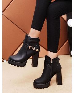 Black Round Toe High Heel Chunky Zipper Belt Buckle Fashion Ankle Boots