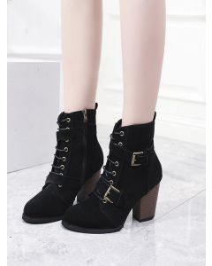 Black Point Toe High Heel Chunky Zipper Lace-up Belt Buckle Fashion Ankle Boots