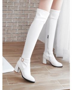 White Point Toe High Heel Chunky Zipper Belt Buckle Fashion Over-The-Knee Knight Boots