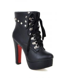 Black Round Toe High Heel Chunky Lace-up Rivet Fashion Ankle Boots