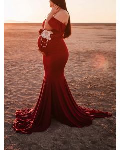 Robe longue volants épaules dénudées maternité pour babyshower maternité élégante vin rouge