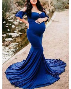 Robe longue volants épaules dénudées maternité pour babyshower maternité élégante bleu