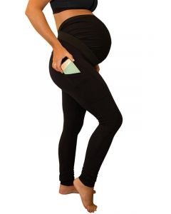 Black Patchwork Pockets Adjust Waist Casual Long Maternity Pants