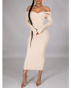 Apricot Off Shoulder V-neck Long Sleeve Fashion Bodycon Midi Dress