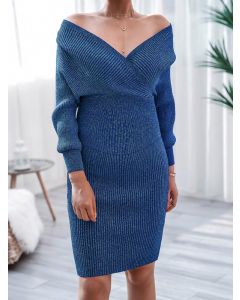 Blue Off Shoulder Two Piece V-neck Dolman Sleeve Fashion Mini Sweater Dress