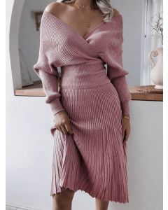 Pink Off Shoulder Two Piece Pleated V-neck Fashion Midi A-Line Sweater Dress
