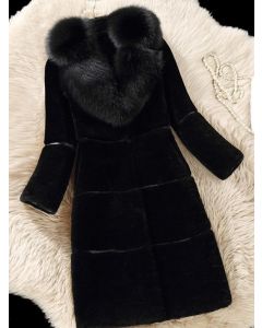 Black Patchwork Pockets Faux Fur Collar Long Sleeve Fashion Mid-Length Coat