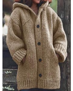 Khaki Single Breasted Drawstring Hooded Fashion Plus Size Cardigan Sweater