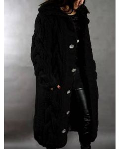 Schwarzer Einreiher mit Taschen und Kapuze Mode in Übergröße mittellanger Cardigan