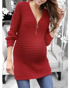 Mini abito scollo A V con cerniera manica lunga maglione moda rosso