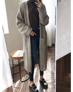 Grey Pockets Long Sleeve Fashion Oversize Mid-Length Cardigan Sweater