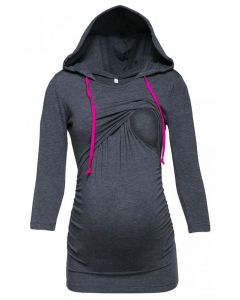 Grey Drawstring Multi-Functional Maternity and Lactant Women Hooded Long Sleeve Casual Nursing Sweatshirt