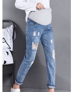 Blue Patchwork Pockets Adjust Waist Fashion Long Maternity Ripped Distressed Jeans