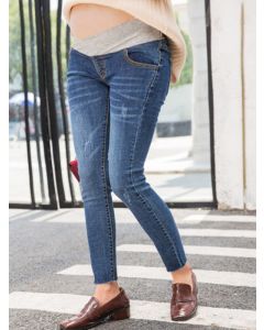 Blue Patchwork Pockets Cross Adjust Waist Fashion Long Maternity Jeans