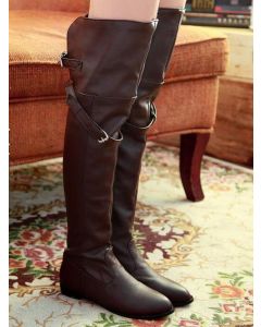 Brown Round Toe Chunky Belt Buckle Fashion Over-The-Knee Boots