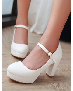 White Round Toe Chunky Buckle Strap Elegant High-Heeled Shoes
