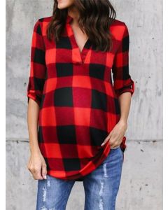Red Plaid Pregnancy Long Sleeve Casual Plus Size Maternity Blouse