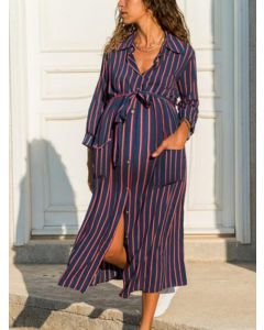 Dark Blue Striped Single Breasted Pockets Lace-up Turndown Collar Fashion Maternity Midi Dress