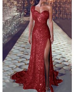 Red Sequin Bandeau One-shoulder Side Slit Sleeveless Elegant Cocktail Party Maxi Dress