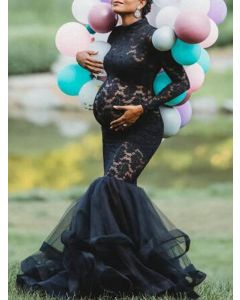 Schwarzes Patchwork-Spitze Grenadine Umstandsmode für Babyshower Tüll Langarm Elegantes Maxikleid für Schwangere