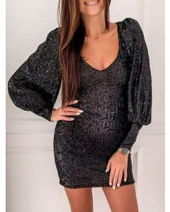 Black Sequin Bodycon V-neck Puff Sleeve Fashion Maternity Mini Dress