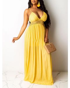 Yellow Patchwork Lace Condole Belt Backless V-neck Elegant Maternity Maxi Dress