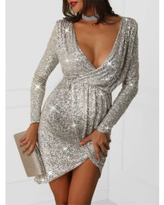 Silver Sequin Irregular V-neck Fashion Bodycon Mini Dress