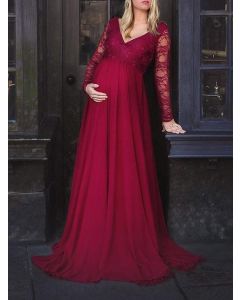 Maxi vestido encaje drapeado maternidad para babyshower cuello en V moda maternidad rojo oscuro