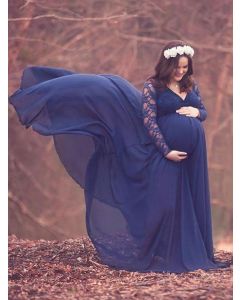 Sapphire Blue Patchwork Lace Draped Maternity For Babyshower Long Sleeve Elegant Maternity Maxi Dress