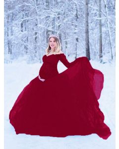 Maxi vestido premamá drapeado de granadina de encaje para babyshower con hombros descubiertos manga larga premamá elegante rojo