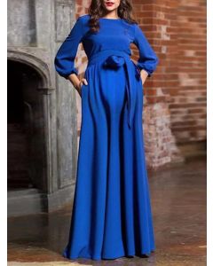 Blue Pockets Belt Round Neck Lantern Sleeve Fashion Maxi Dress