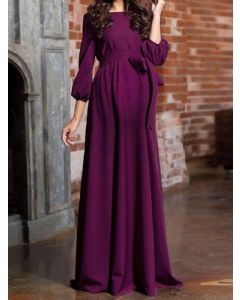 Purple Pockets Belt Round Neck Lantern Sleeve Fashion Maxi Dress