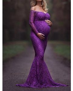 Lila Spitzen-Umstandsmode für Babyshower Schulterfrei langärmliges elegantes figurbetontes Maxikleid für Schwangere