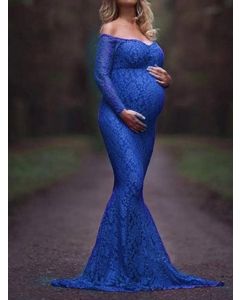 Blaue Spitze Umstandsmode für Babyshower schulterfreies langärmliges elegantes figurbetontes Maxikleid für Schwangere