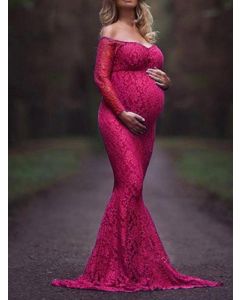 Rose Carmine Lace Maternity For Babyshower Off Shoulder Long Sleeve Elegant Maternity Bodycon Maxi Dress
