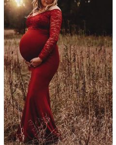 Maxi vestido maternidad de encaje para babyshower con cuello en V manga larga maternidad elegante rojo vino