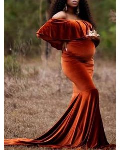 Brown Ruffle Off Shoulder Maternity For Babyshower Long Sleeve Elegant Maternity Maxi Dress