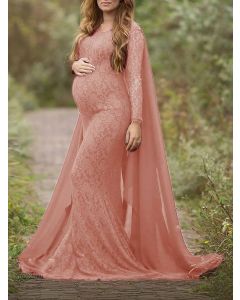 Pink Patchwork Lace Draped Maternity For Babyshower Flowy Long Sleeve Elegant Maternity Maxi Dress