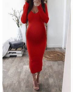 Rotes langärmliges elegantes figurbetontes Midi-Pulloverkleid mit V-Ausschnitt