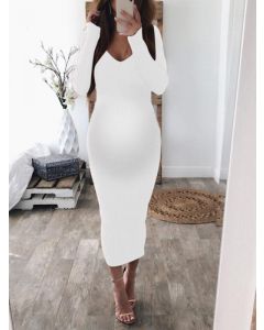 White Bodycon Comfy V-neck Long Sleeve Fashion Midi Dress