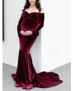 Abito lungo maternità con spalle scoperte per babyshower drappeggiato manica lunga elegante maternità aderente rosso scuro