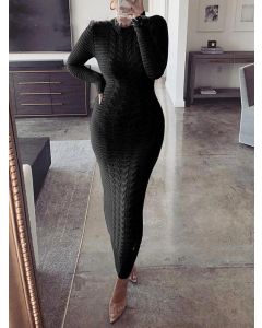 Black Round Neck Long Sleeve Elegant Maxi Bodycon Sweater Dress