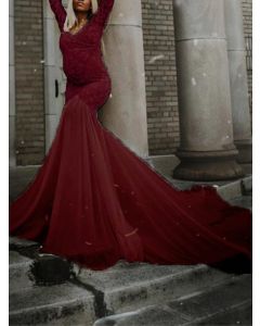 Wine Red Lace Draped Maternity For Babyshower V-neck Long Sleeve Elegant Maternity Maxi Dress