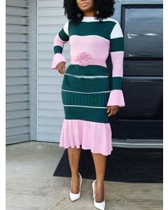Green Color Block Patchwork Ruffle Long Sleeve Elegant Midi Dress
