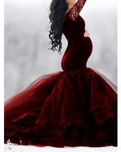 Dark Red Patchwork Lace Grenadine Off Shoulder Maternity For Babyshower Long Sleeve Elegant Bodycon Maternity Maxi Dress