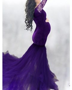 Maxi robe dentelle grenadine maternité pour babyshower fluide épaules dénudées manches longues maternité élégante violet foncé