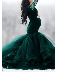 Green Patchwork Lace Grenadine Off Shoulder Maternity For Babyshower Long Sleeve Elegant Maternity Maxi Dress