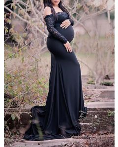 Schwarzes Patchwork-Spitzen-Mutterschaftskleid für Babyshower schulterfreies langärmliges elegantes Maxikleid für Schwangere