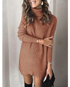 Khaki High Neck Long Sleeve Casual Oversize Sweater Mini Dress